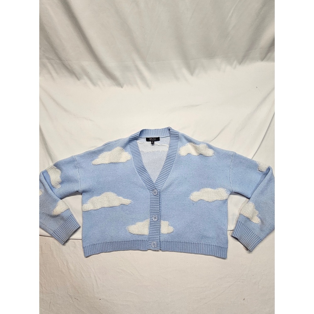 Witty Fox Womens Blue Cloud Print Cropped Button Front Cardigan Sweater Size M